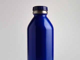 Shiny blue metal water bottle isolated on a plain background for healthy lifestyle