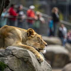 lion resting on rock with blurred zoo visitors in