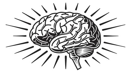 Illustration of a human brain with radiating lines emanating outward on a white background design element vreated with genrated ai