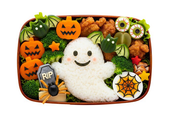 Cute Halloween Bento Box Lunch: Adorable Ghost Onigiri, Pumpkin Shapes, Eyeballs, and Spooky Treats. Creative Japanese Food Art for Kids, Isolated on White.