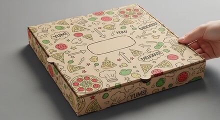 Hand holding a pizza box with a colorful pattern.