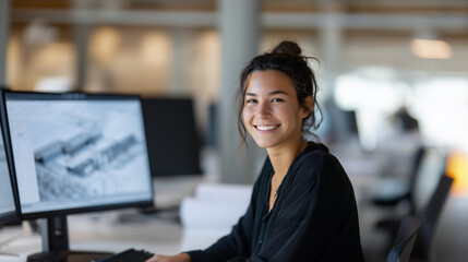 Woman designer smiling while working on realistic 3D room model in architectural software, creative workplace smiling designer, 3D room model, digital architecture, interior visual