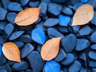 Autumn Leaves on Rocks Texture with Contrasting Colors, Calm Nature Pattern