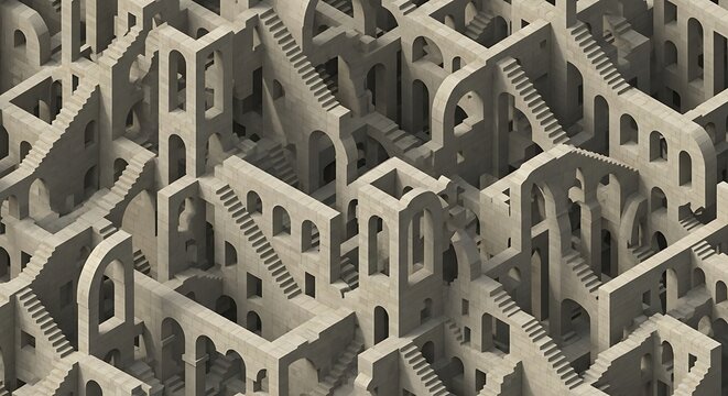 Endless staircase structure with arches and stairs creating a maze like optical illusion design