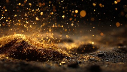 Naklejka premium Sparkling Gold Dust Against Dark Background with Shallow Focus Creating Atmospheric Effect