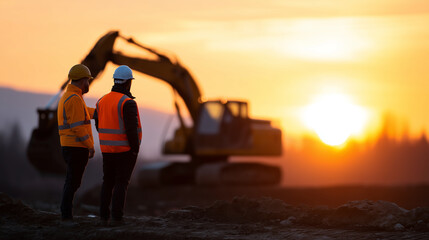 Construction site at sunset with industrial excavator, engineers in protective gear managing project details construction site sunset, excavator, engineers protective gear, industr