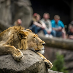 lion resting on rock with blurred zoo visitors in