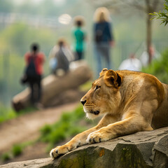 lion resting on rock with blurred zoo visitors in