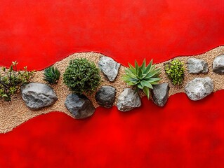 Minimalist arrangement of succulent plants, stones and pebbles on a vibrant red background.