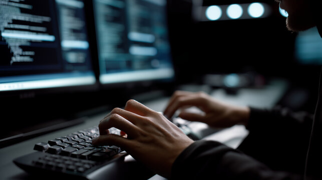 Hacker environment with hands typing on keyboard, digital codes and system monitoring screens in background hacker environment, typing hands, digital codes, monitoring screens, cyb
