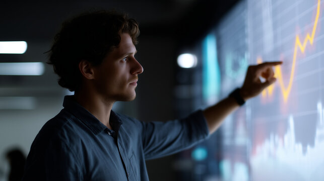 Data analyst presenting interactive digital graph projections, concept of AI-powered business intelligence data analyst, interactive projections, digital graphs, AI-powered intelli - Powered by Adobe