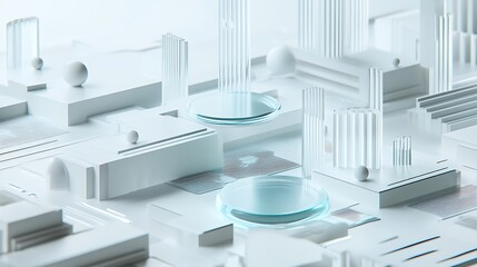 Clean corporate background featuring minimalistic white space, geometric floating data shapes, and subtle tech textures glowing in cyan and silver 