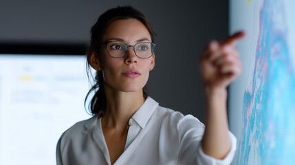 Female professional giving lecture on data science, large screen showing machine learning visualization and algorithms data science lecture, professional woman, machine learning vi