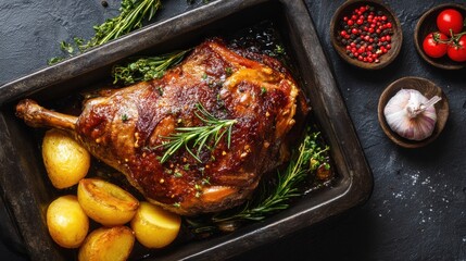 Elegant photo of roasted lamb leg with potatoes, garlic and rosemary in a baking tray.