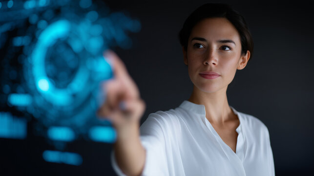 Woman presenting futuristic data clusters on interactive screen, concept of AI and advanced analytics in business data clusters, interactive screen, woman presenter, futuristic ana