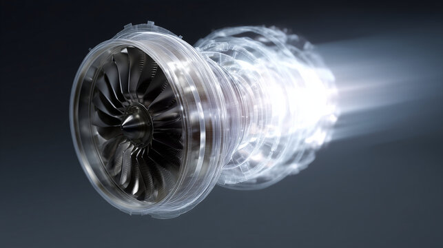 Jet engine turbine design with hybrid mechanical cutaway and glowing digital hologram, aerospace 3D modeling technology turbine design, mechanical cutaway, glowing hologram, hybrid