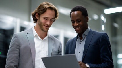 Two diverse IT experts collaborating on digital solutions in futuristic server lab, laptop-based technology discussion diverse IT experts, digital solutions, server lab, futuristic