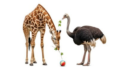 Giraffe and Ostrich Encounter on White Background with Leaves and Ball