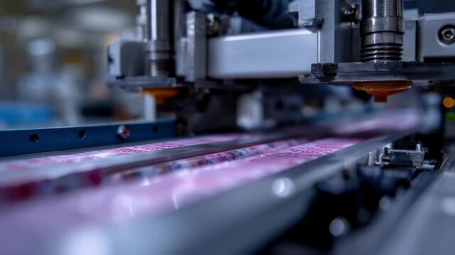 Medium shot capturing a biodegradable candy wrapping machine in action highlighting the ecofriendly packaging process with the candy conveyor belt and machine details main focus