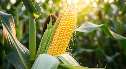 Golden corn cob thrives on its green stalk in a sunny field, symbolizing healthy growth and bountiful harvest