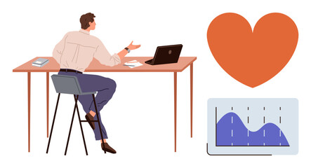 Man gestures at desk with laptop and graph as heart symbolizes passion and success. Ideal for business, analytics, love for work, productivity, motivation, wellness, simple flat metaphor