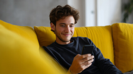 Smiling young man browsing social media on mobile phone, relaxing on yellow couch in stylish living room smiling man, social media browsing, mobile phone, stylish living room, mode