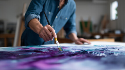 Obraz premium Abstract artist working on large canvas, brush applying vivid colors with expressive strokes in creative studio abstract artist, vivid colors, expressive strokes, creative studio,