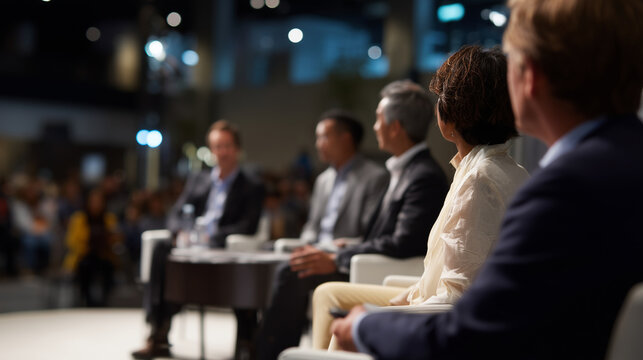 Business professionals engaged in panel talk during international conference, audience listening to speakers on stage panel talk, international conference, business professionals,