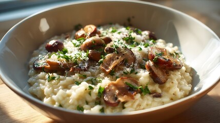 A delectable serving of creamy risotto is presented in a white bowl, garnished with sauteed mushrooms, fresh herbs, and finely grated cheese, capturing the essence of comfort food illuminated by...