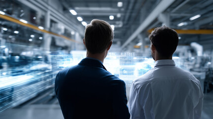 Futuristic smart factory with connected devices, engineers analyzing real-time data in digital industrial environment futuristic smart