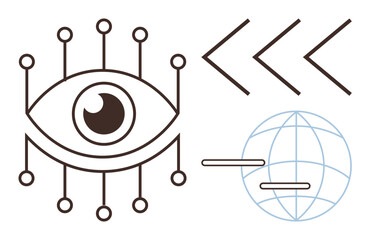 Eye with connected nodes, directional arrows, and a globe with two lines. Ideal for technology, AI, global networks, vision, data flow innovation and connectivity. Simple flat metaphor