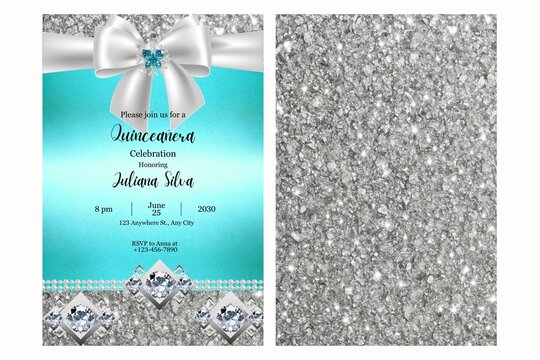 Elegant turquoise Quinceañera invitation with a silver glitter background, white satin bow, sparkling diamonds, and pearl accents. Ideal for sweet sixteen birthdays, luxury parties,