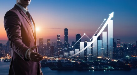 Businessman overseeing financial growth over a cityscape at sunset