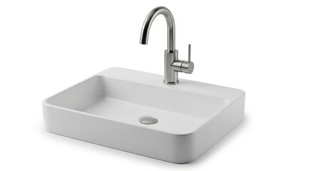 Modern White Bathroom Sink with Stainless Steel Faucet on White Background