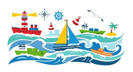 Nautical Cartoon Illustration with Ships and Lighthouse on the Sea