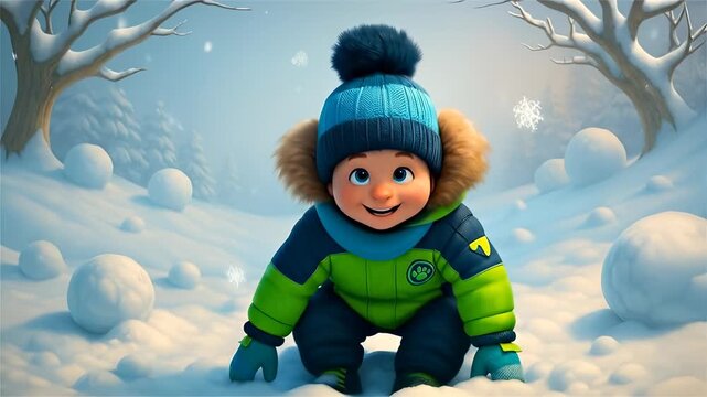 Happy Cartoon Toddler Playing in a Snowy Winter Wonderland