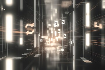 Elegant tech-style office background with floating metallic currency symbols, laser lines intersecting softly lit surfaces in the distance 