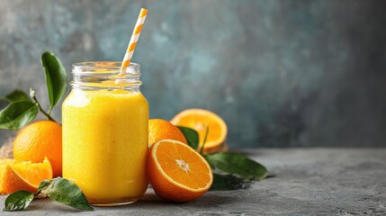 Elegant photo of fresh orange smoothie in a glass jar with fruits on a blue background.