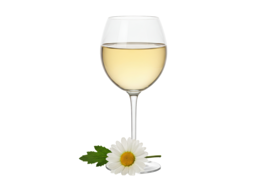 Isolated wine glass filled with white wine, decorated with daisy bloom – beverage object