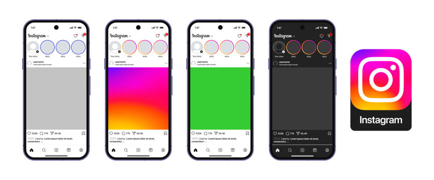 Instagram home feed interface mockup on smartphone screens in multiple themes.
Social media mobile application design showing dark mode, light mode, chroma key green and gradient layouts.