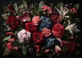 Floral Arrangement of Red Pink and Blue Blooms with Green Leaves on a Dark Backdrop