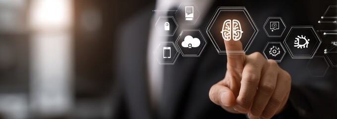 Businessman Touching Digital Brain Icon Hologram Concept Background With Bright Lens Flare