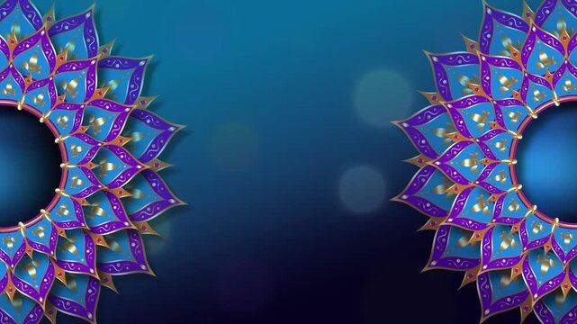 Animation of sparkling Luxury mandalas background with gold frame in arabesque pattern Indian or Arabic style. Loop Video Mandala Rotating on Both Sides. Bokeh lights blue Background, copy space