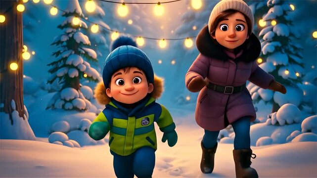 Happy Cartoon Mother and Son Running in a Magical Snowy Forest