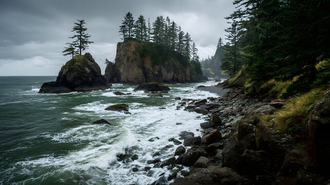 Dramatic coastal scene featuring ocean waves crashing against rocky shorelines and dark cliffs, with evergreen trees atop the rocks under a moody, overcast sky.