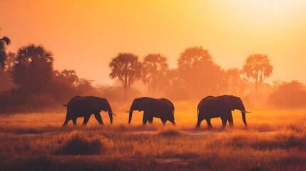 Fototapeta premium Three African elephants traverse the sunlit savanna, their silhouettes defined by the warm orange hues of a stunning sunrise; the scene is set amidst grassy plains and silhouetted trees, creating a...