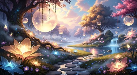 Obraz premium Enchanting Fantasy Forest Landscape with Glowing Flowers and Moon.