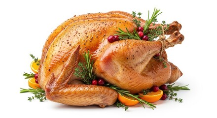 Roasted Thanksgiving Turkey with Orange Cranberries and Rosemary on White Background