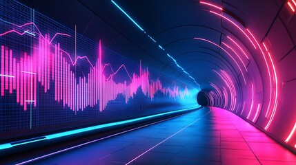 High-tech data tunnel with moving charts and holographic lines running along the inner walls, glowing gently in an electric blue palette 