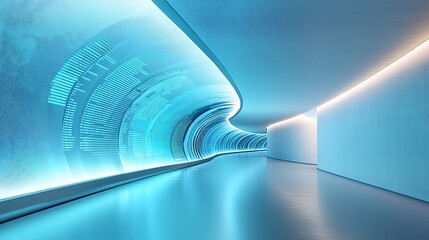 High-tech data tunnel with moving charts and holographic lines running along the inner walls, glowing gently in an electric blue palette 